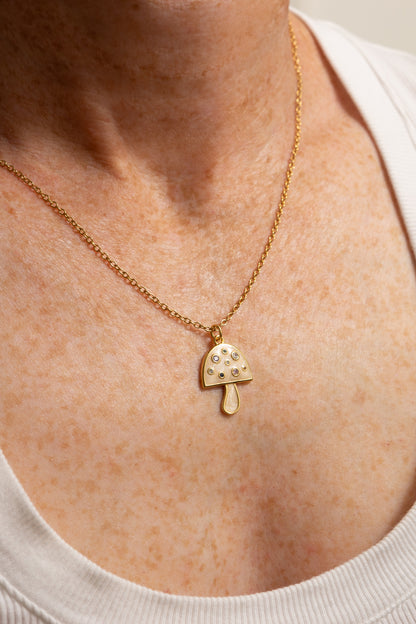 Mushroom Charm Necklace | Enamel with Crystals | 18k Gold Plating