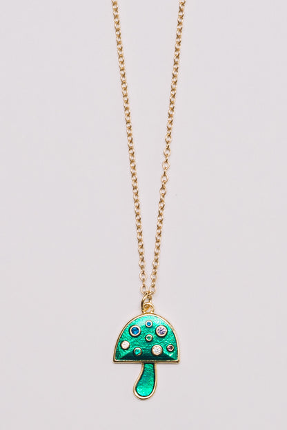 Mushroom Charm Necklace | Enamel with Crystals | 18k Gold Plating